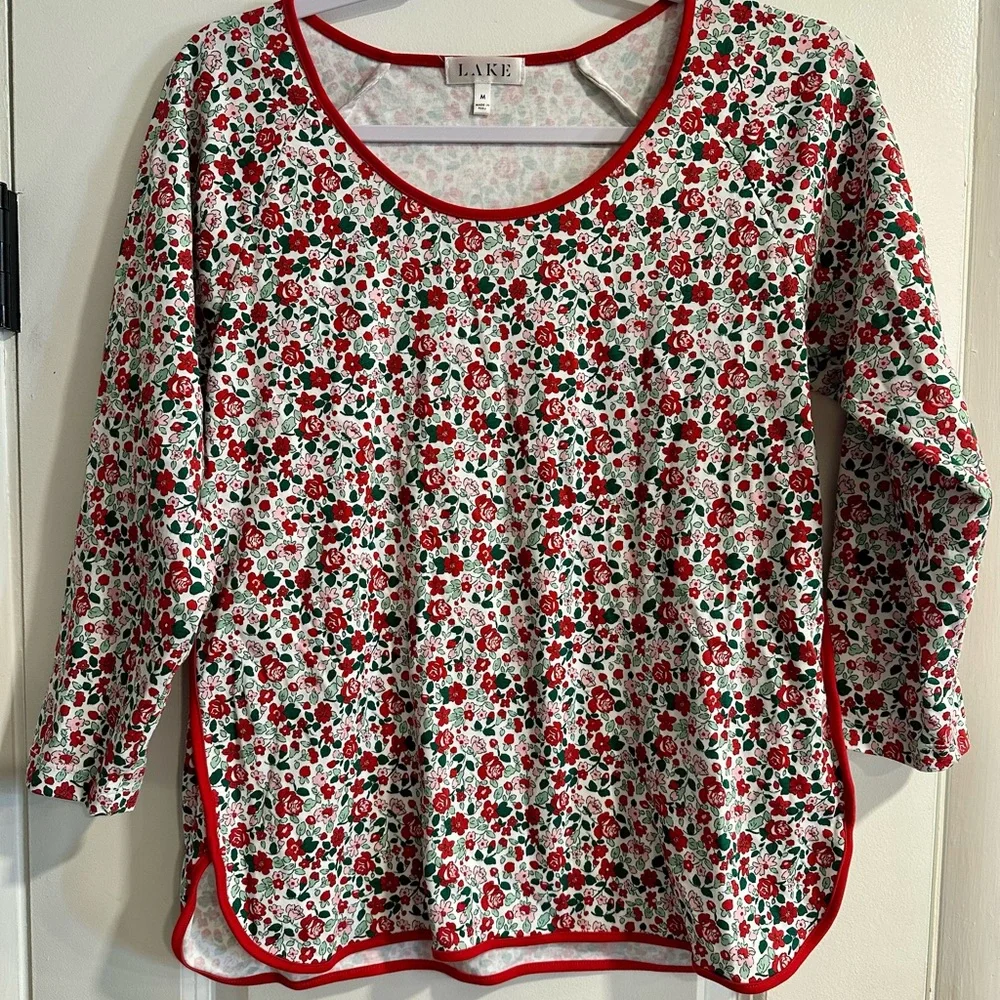 LAKE Women's Floral Pajama Top - Red and White size medium